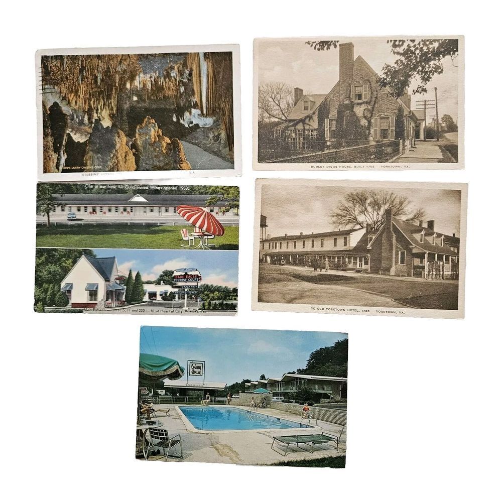 Vintage Postcard Lot 5 Virginia Yorktown,  Luray‎ Caverns, Roanoke 1957, 1969
